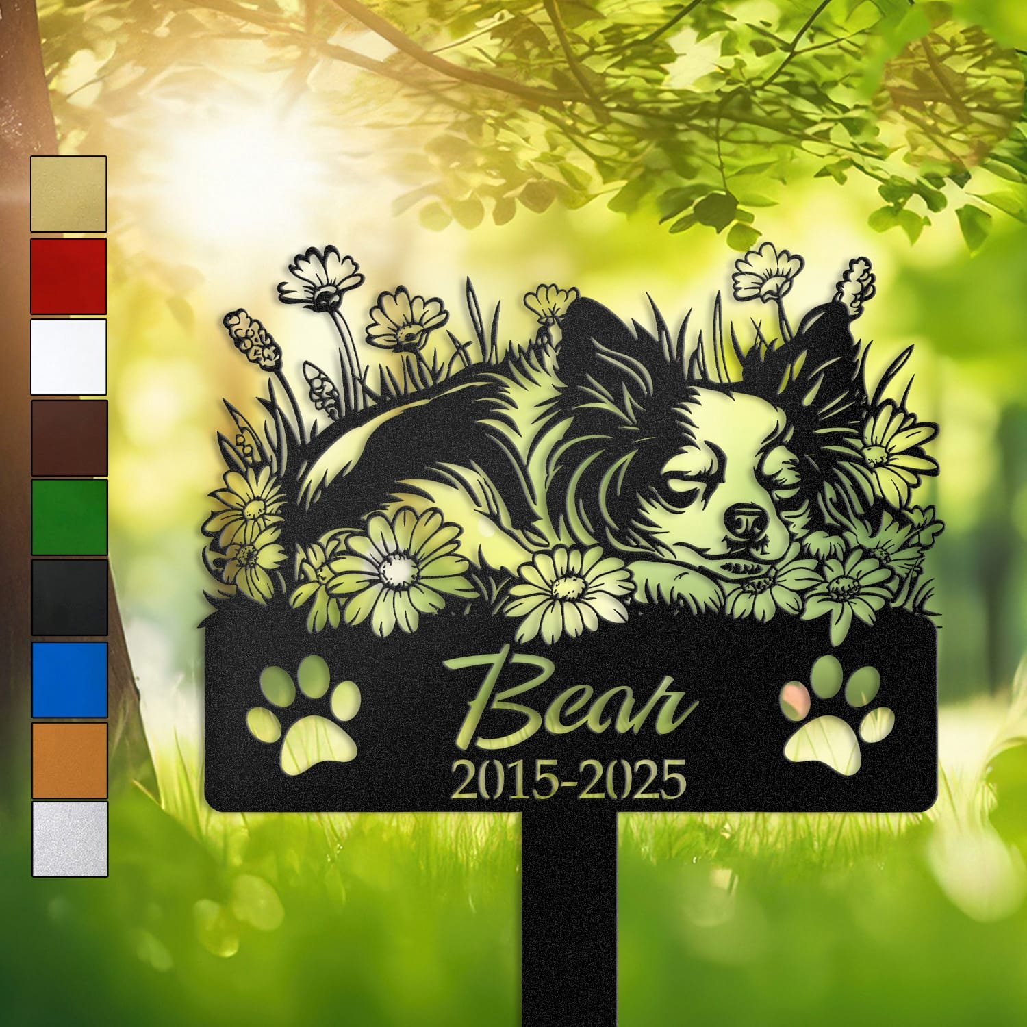 Color swatch chart showing the available powder-coat finish colors for the Long Hair Chihuahua pet grave marker.