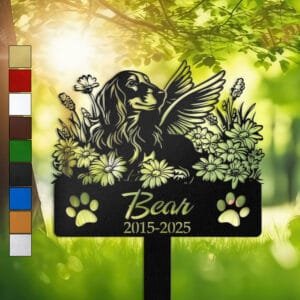 Long Hair Dachshund silhouette with angel wings surrounded by a daisy floral border on a personalized metal garden stake, with paw print cutouts at the base.