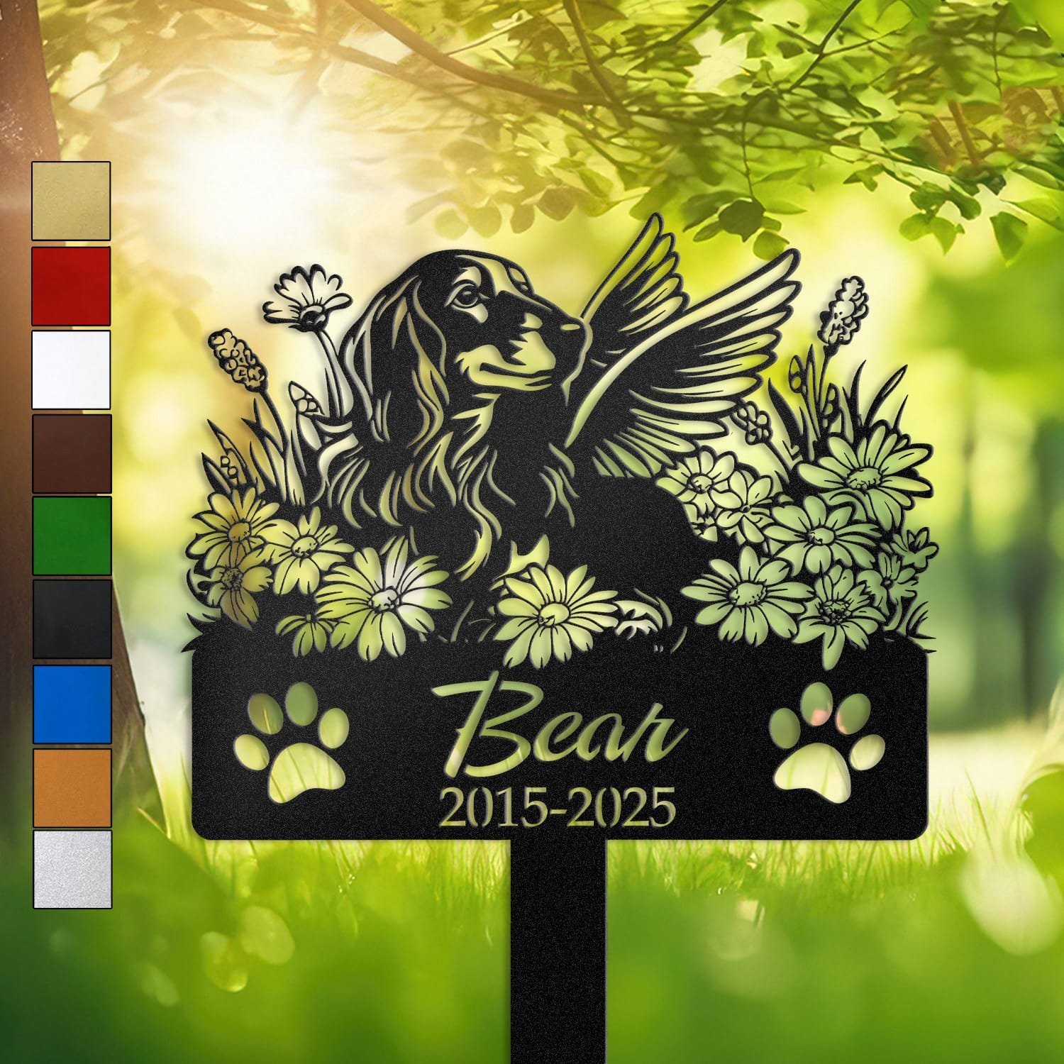 Long Hair Dachshund silhouette with angel wings surrounded by a daisy floral border on a personalized metal garden stake, with paw print cutouts at the base.