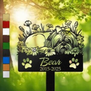 Long Hair Shih Tzu resting in a bow sleeping pose within a daisy floral border on a personalized metal garden stake, with paw print cutouts at the base.