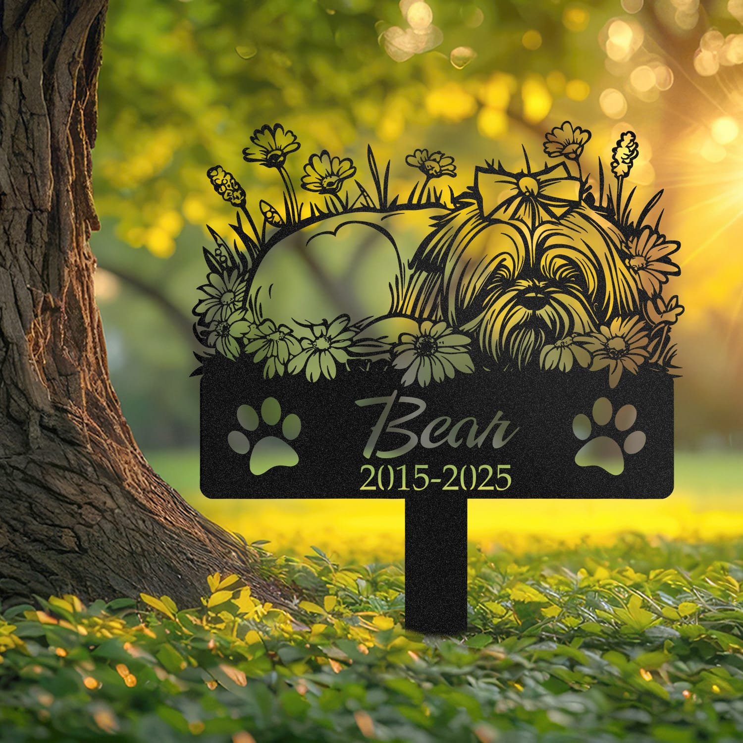 Long Hair Shih Tzu pet grave marker displayed outdoors in a garden setting, showing the personalized sleeping-pose daisy floral design in place on the stake.
