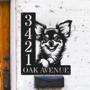 Personalized Longhair Chihuahua address sign with a fluffy Chihuahua face peeking over a vertical house number plaque reading 3421 Oak Avenue