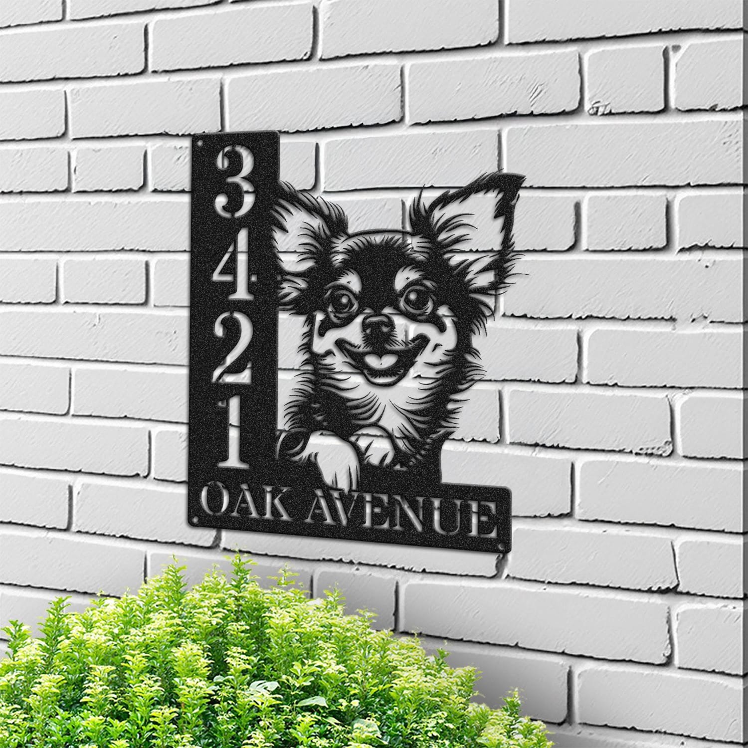 Longhair Chihuahua address sign mounted on a light brick wall in a street-facing view