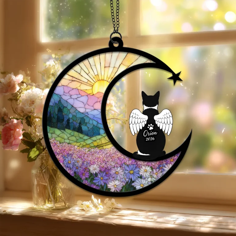 Angel-winged cat silhouette memorial suncatcher glowing in a sunny window, a keepsake for losing a cat