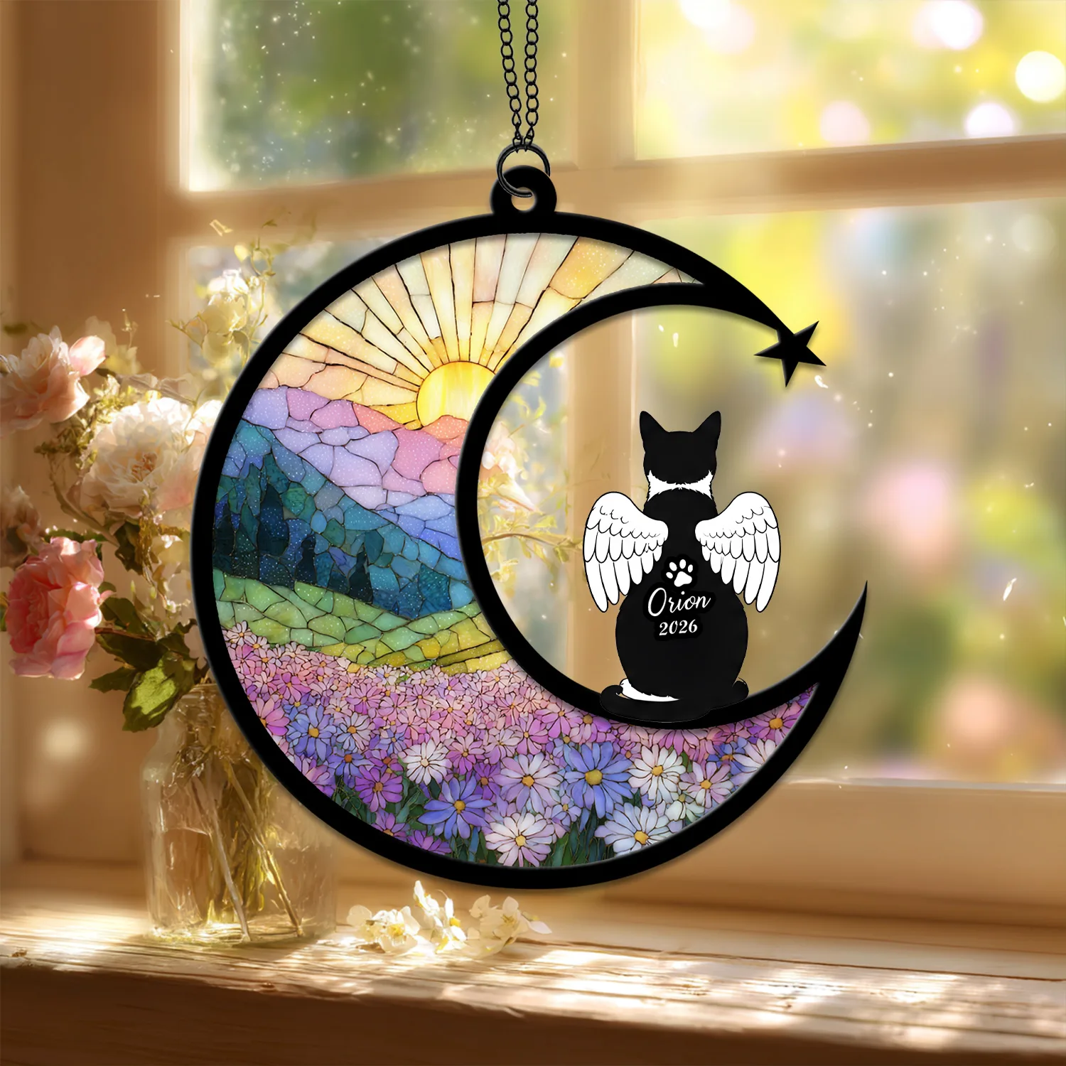 Angel-winged cat silhouette memorial suncatcher glowing in a sunny window, a keepsake for losing a cat