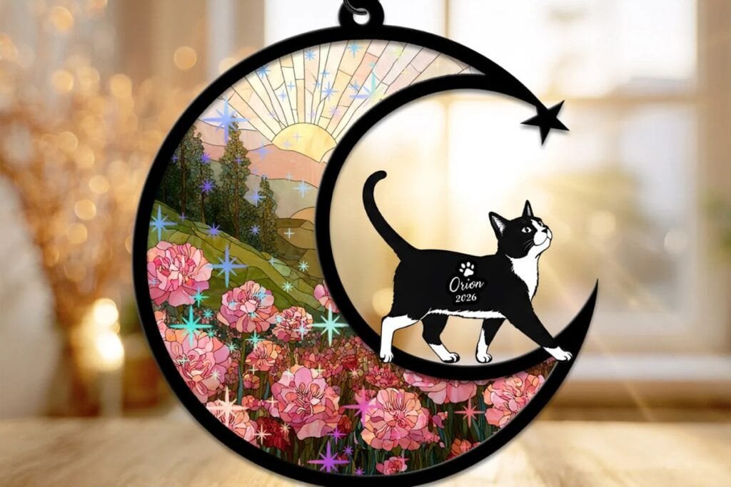 Personalized cat memorial suncatcher with a walking tuxedo cat silhouette over a pink flower field
