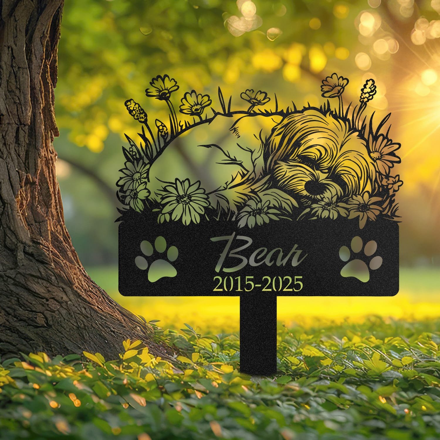 Maltese pet grave marker displayed outdoors in a garden setting, showing the personalized sleeping-pose daisy floral design in place on the stake.