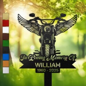 Motorcycle silhouette with angel wings, engraved with 'In Loving Memory Of' on a personalized metal garden stake.