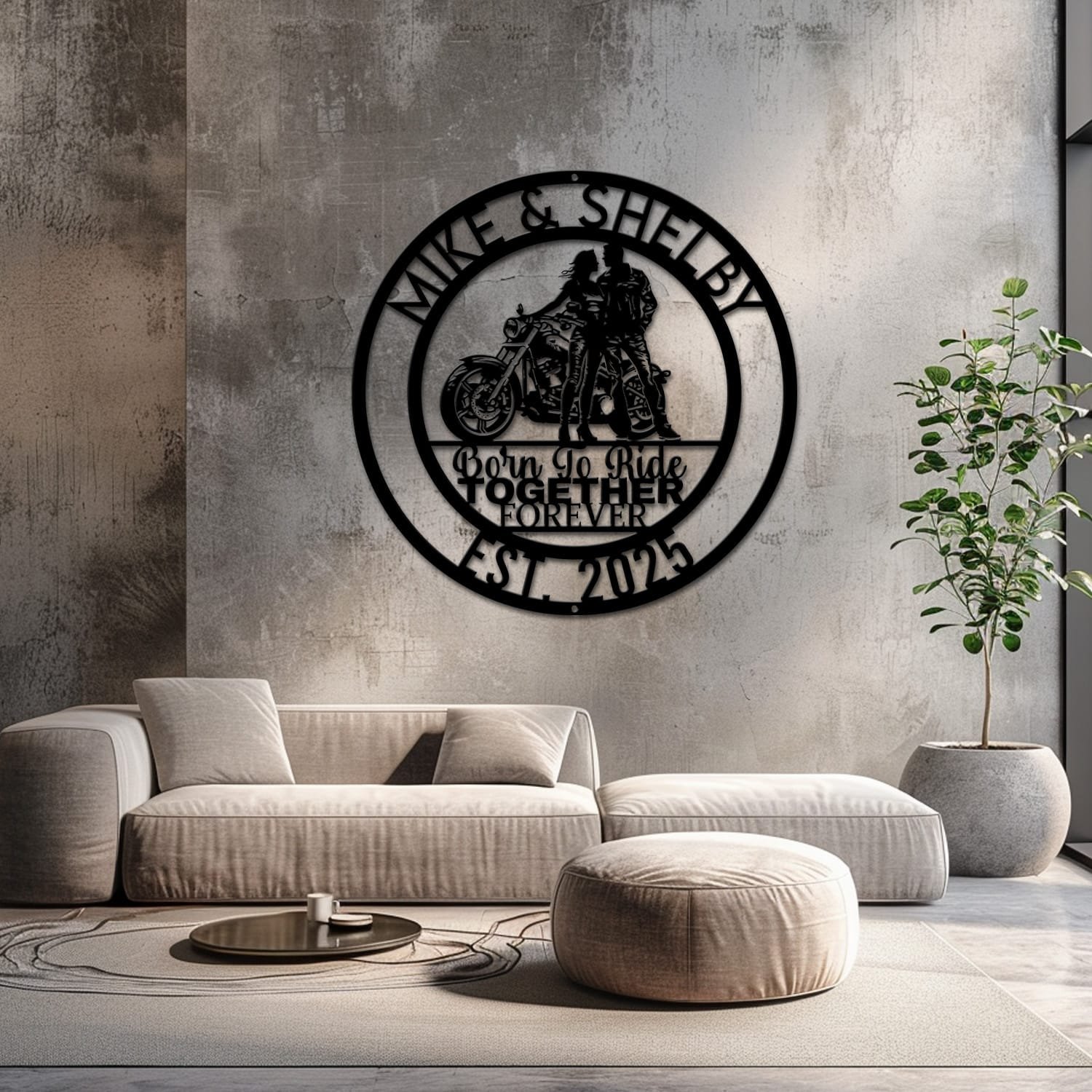 Motorcycle couple metal wall art staged on a neutral wall with soft furnishings nearby, showing the finished design indoors.