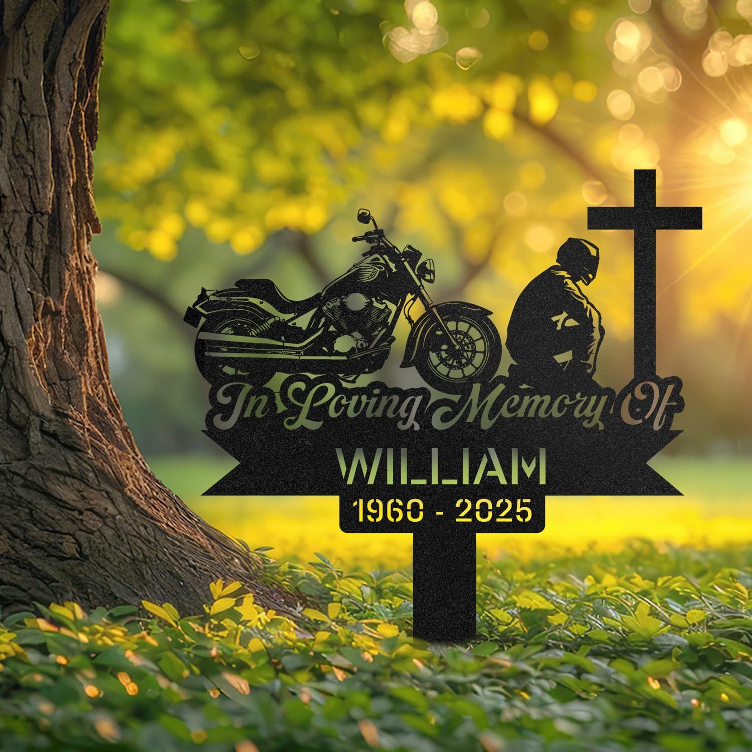 Motorcycle paired with a kneeling rider silhouette beside a cross, engraved with 'In Loving Memory Of' on a personalized metal garden stake.