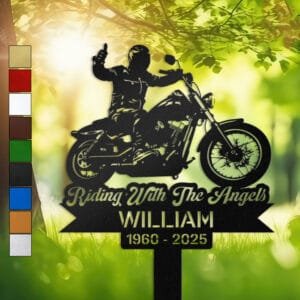 Rider silhouette giving a thumbs-up atop a motorcycle, engraved with 'Riding With The Angels' on a personalized metal garden stake.