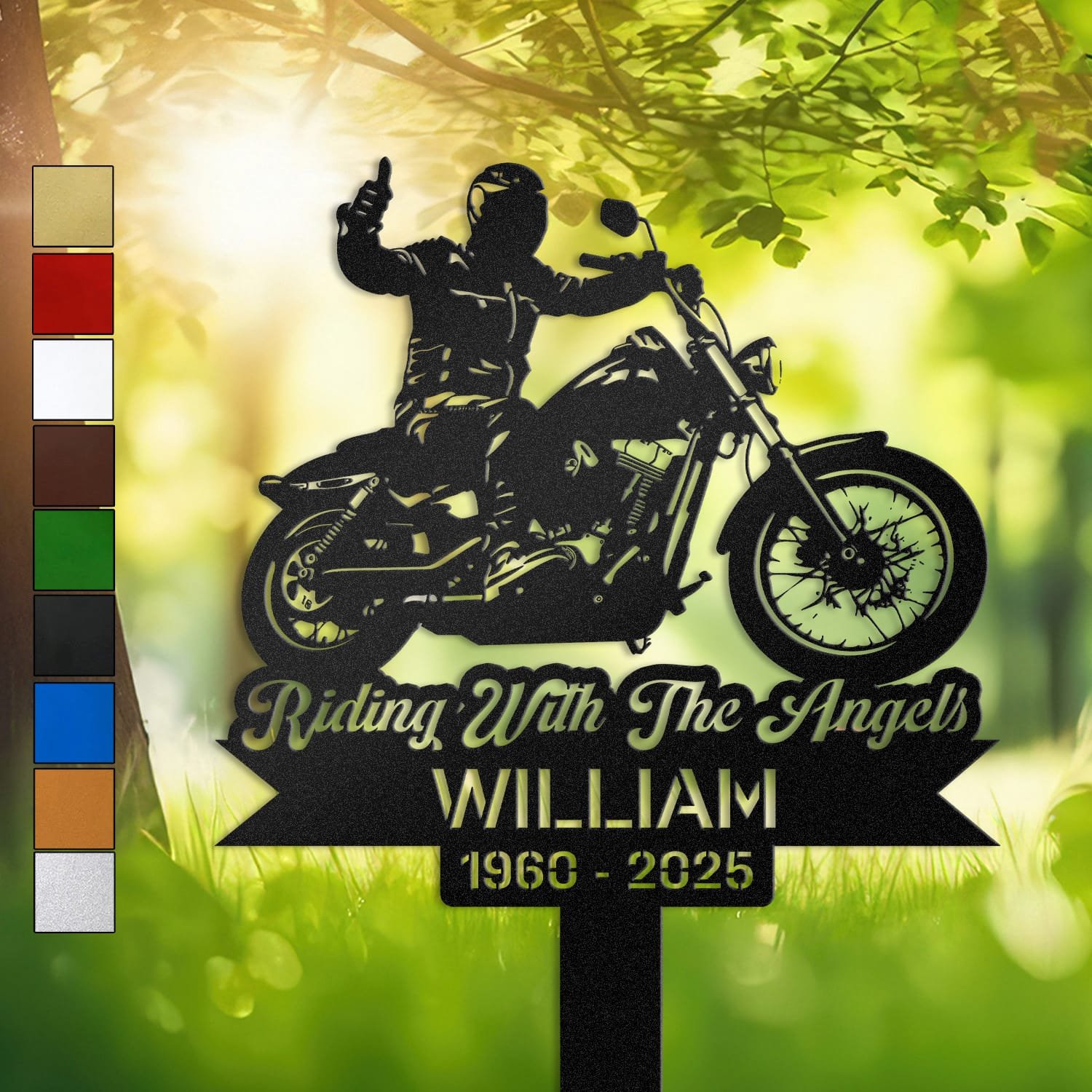 Rider silhouette giving a thumbs-up atop a motorcycle, engraved with 'Riding With The Angels' on a personalized metal garden stake.