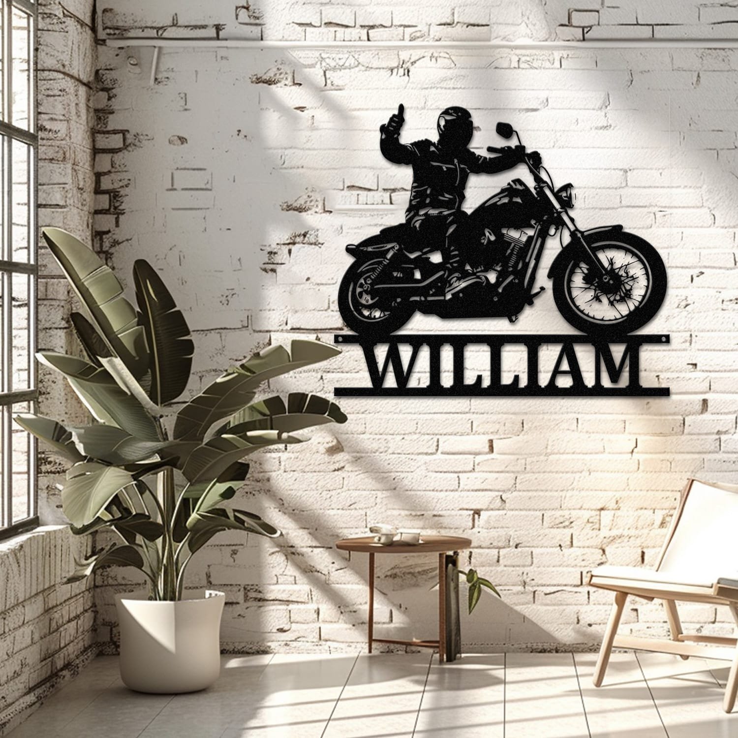 Motorcycle name sign displayed on a living room wall, showing the design in a home decor setting.