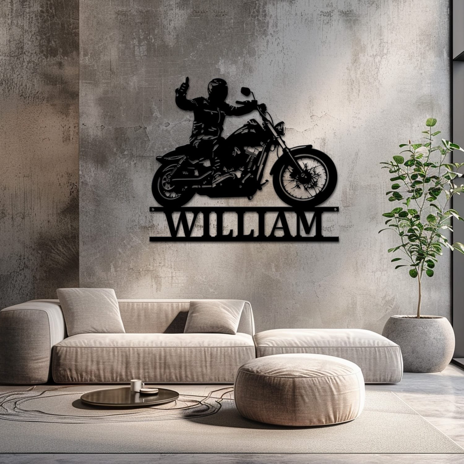 Motorcycle name sign staged on a neutral wall with soft furnishings nearby, showing the finished design indoors.
