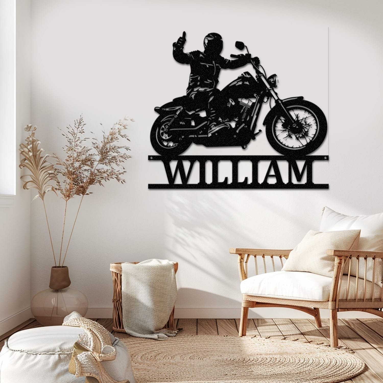 Motorcycle name sign displayed close up, highlighting the cutout detail and name plate.