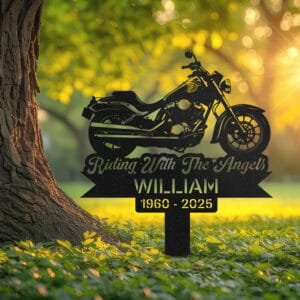 Classic motorcycle silhouette engraved with 'Riding With The Angels' on a personalized metal garden stake.