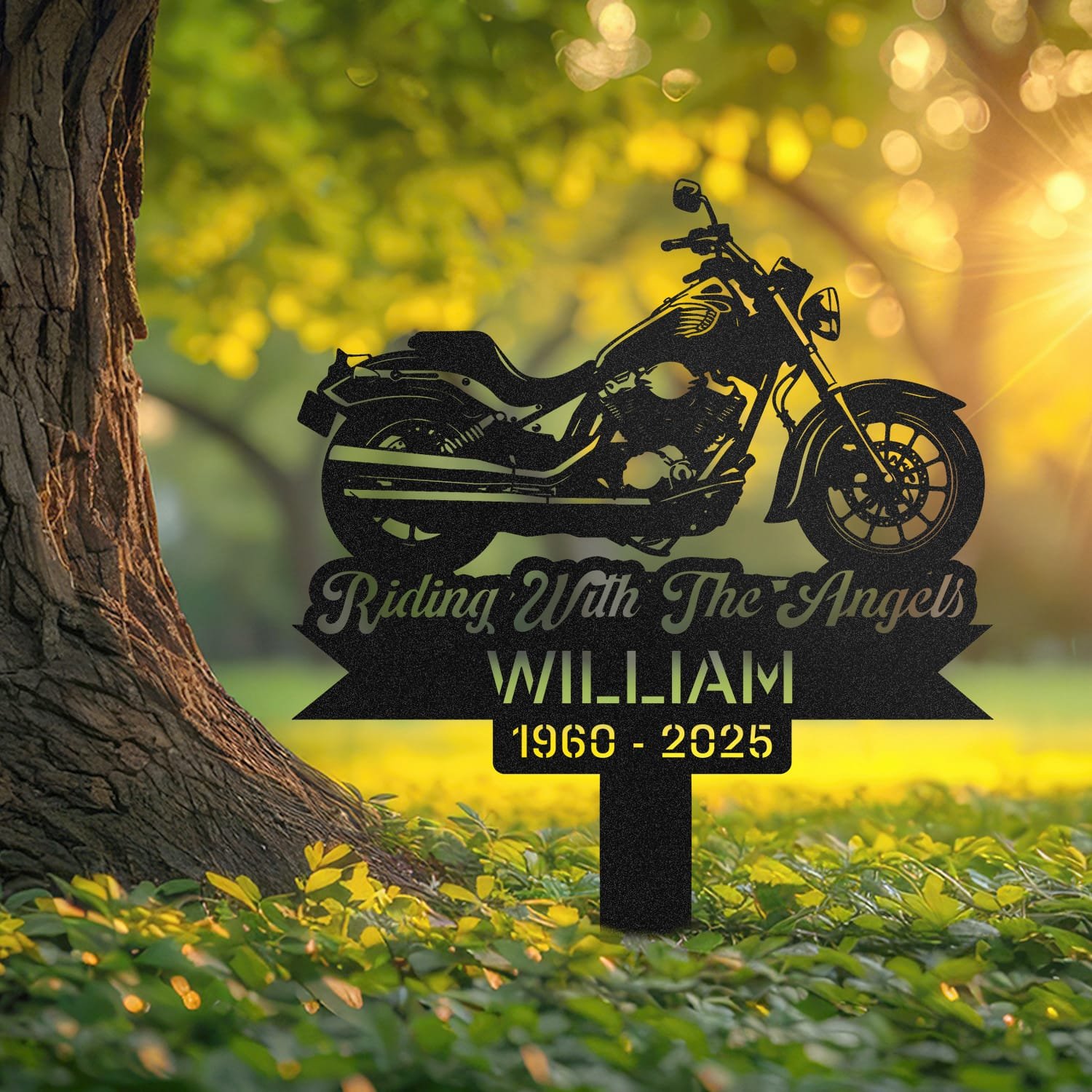 Classic motorcycle silhouette engraved with 'Riding With The Angels' on a personalized metal garden stake.