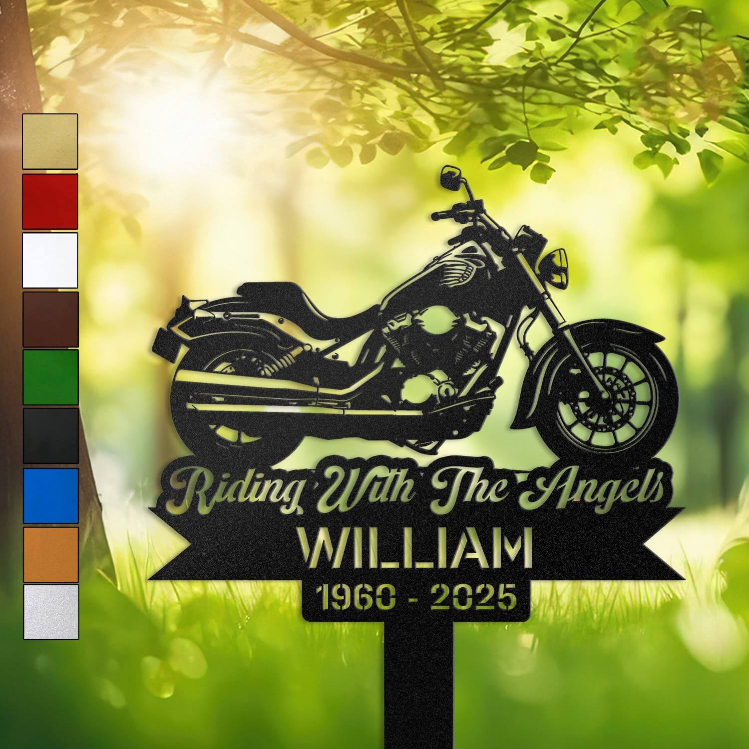 Motorcycle human grave marker displayed outdoors in a garden setting, showing the personalized motorcycle classic silhouette design in place on the stake.