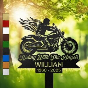 Winged rider silhouette atop a motorcycle, engraved with 'Riding With The Angels' on a personalized metal garden stake.
