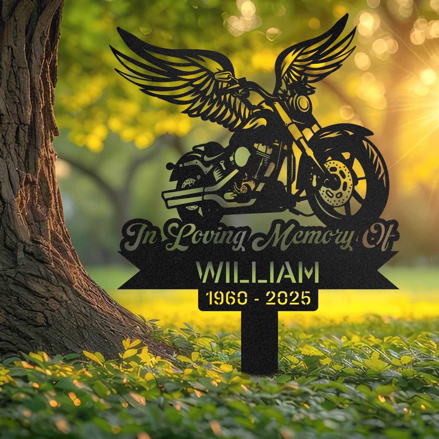Winged rider silhouette atop a motorcycle, engraved with 'In Loving Memory Of' on a personalized metal garden stake.