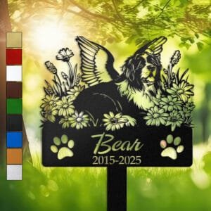 Newfoundland silhouette with angel wings surrounded by a daisy floral border on a personalized metal garden stake, with paw print cutouts at the base.