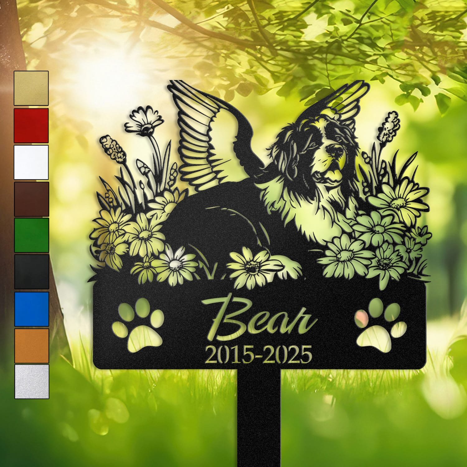 Newfoundland silhouette with angel wings surrounded by a daisy floral border on a personalized metal garden stake, with paw print cutouts at the base.