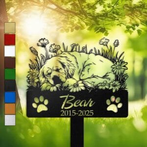 Newfoundland resting in a peaceful sleeping pose within a daisy floral border on a personalized metal garden stake, with paw print cutouts at the base.