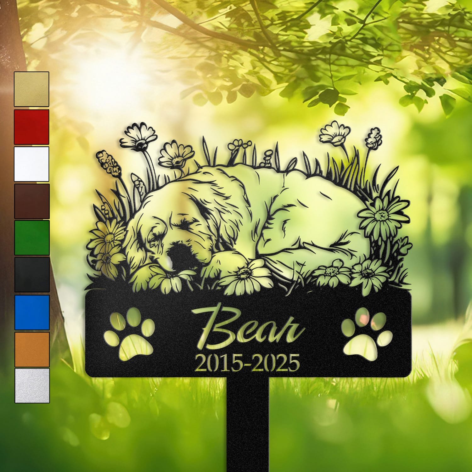 Newfoundland resting in a peaceful sleeping pose within a daisy floral border on a personalized metal garden stake, with paw print cutouts at the base.