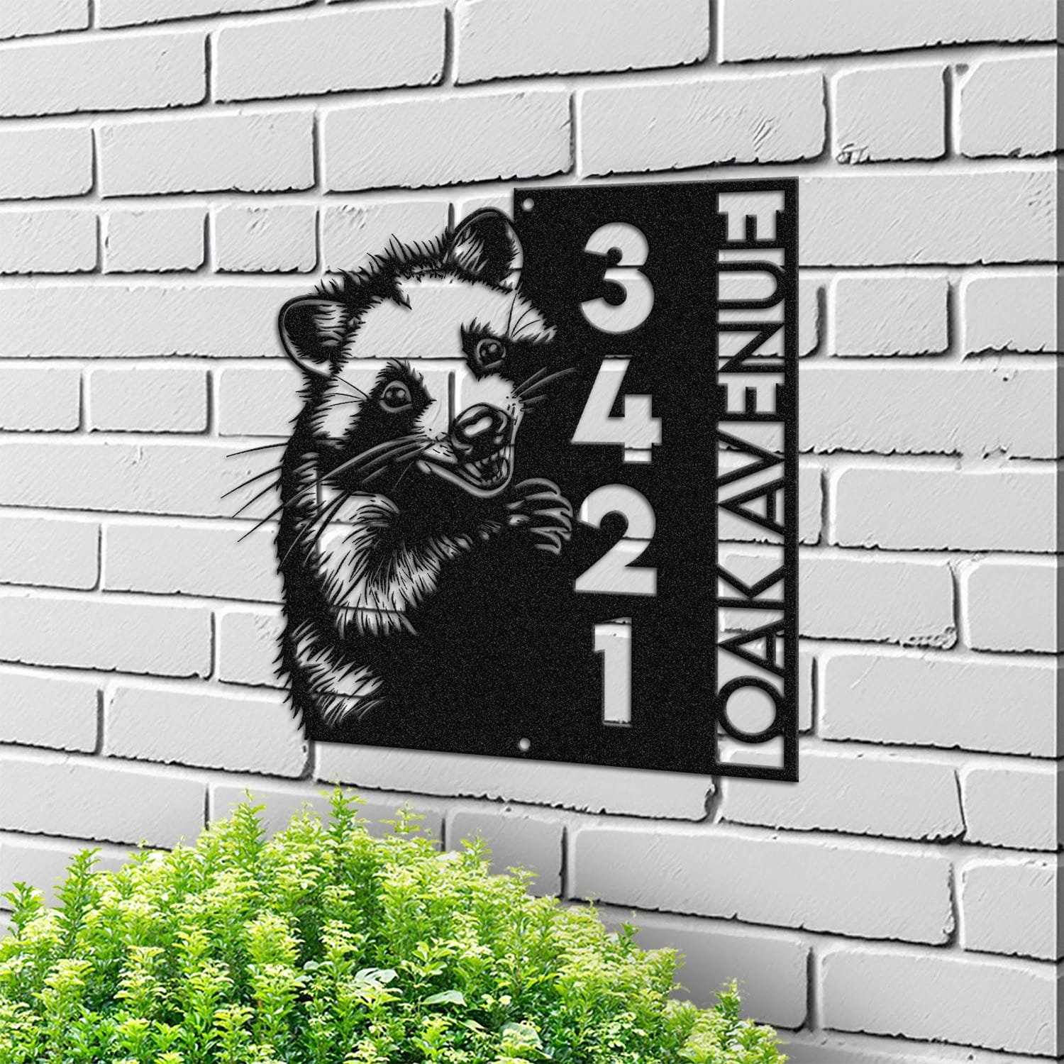 Personalized opossum address sign with an opossum peeking over a vertical house number plaque reading 3421 Oak Avenue