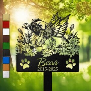 Pekingese silhouette with angel wings surrounded by a daisy floral border on a personalized metal garden stake, with paw print cutouts at the base.