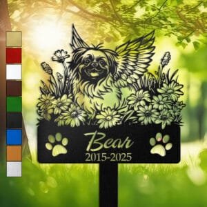 Pekingese silhouette with angel wings surrounded by a daisy floral border on a personalized metal garden stake, with paw print cutouts at the base.