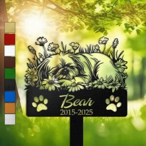 Pekingese resting in a peaceful sleeping pose within a daisy floral border on a personalized metal garden stake, with paw print cutouts at the base.