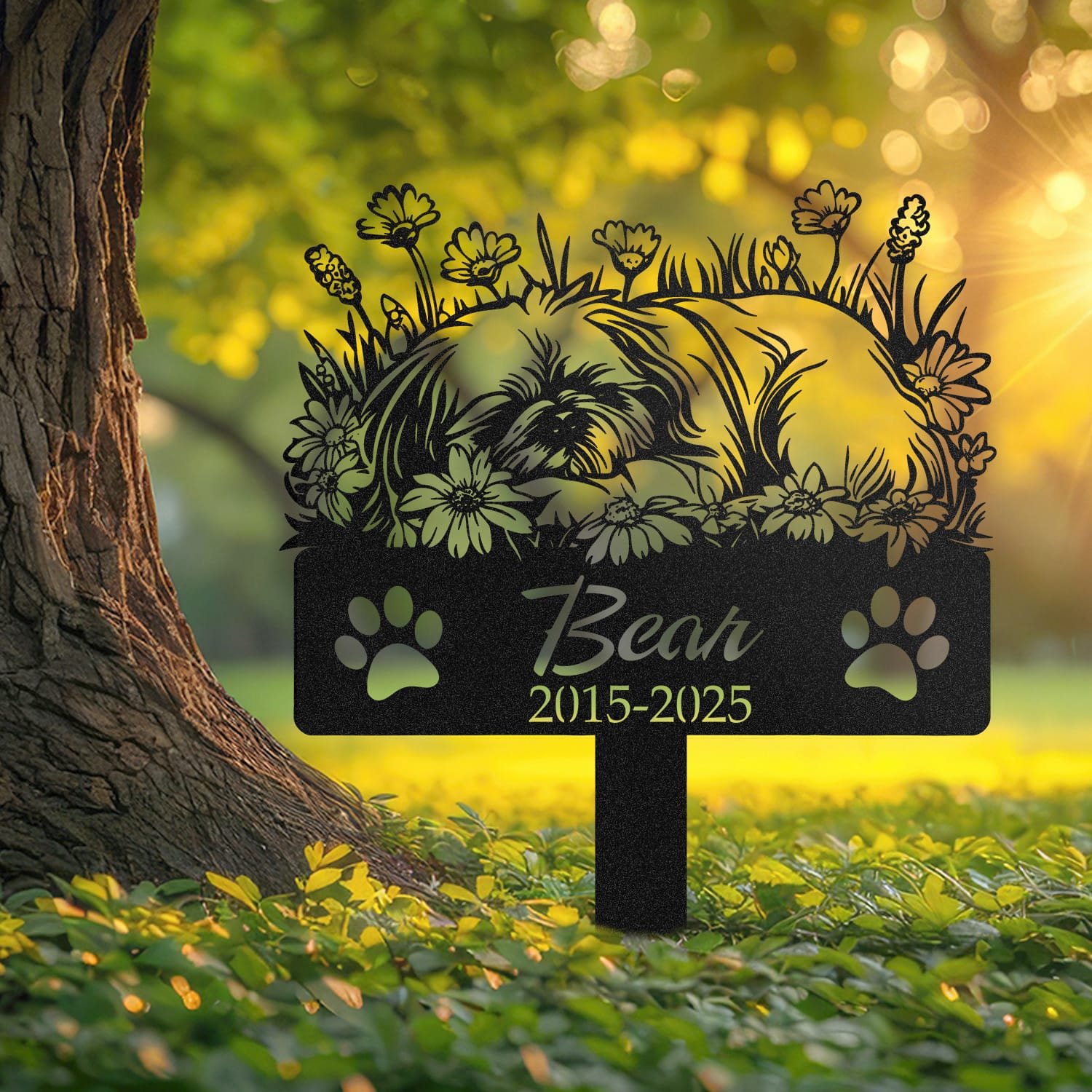 Pekingese pet grave marker displayed outdoors in a garden setting, showing the personalized sleeping-pose daisy floral design in place on the stake.