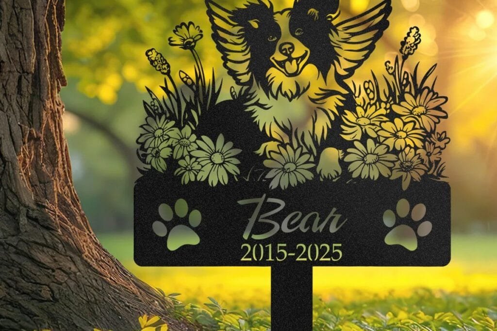 Personalized pet memorial grave marker staked beside a tree, a physical place to direct pet loss grief
