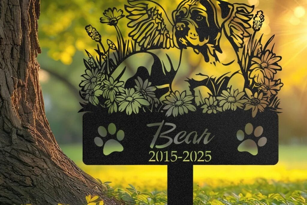 Pet memorial garden marker planted beside a tree, a focal point for seasonal garden planting