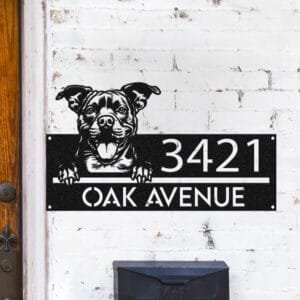 Personalized Pitbull address sign mounted on a brick wall, reading 3421 Oak Avenue