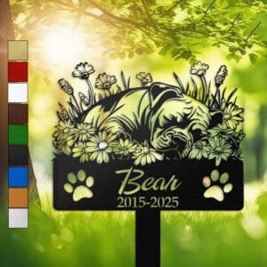 Pitbull silhouette with angel wings surrounded by a daisy floral border on a personalized metal garden stake, with paw print cutouts at the base.