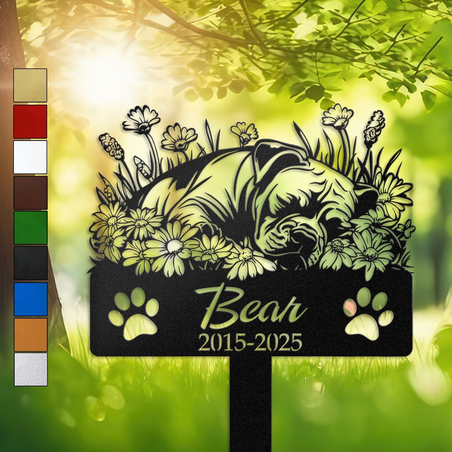 Pitbull silhouette with angel wings surrounded by a daisy floral border on a personalized metal garden stake, with paw print cutouts at the base.