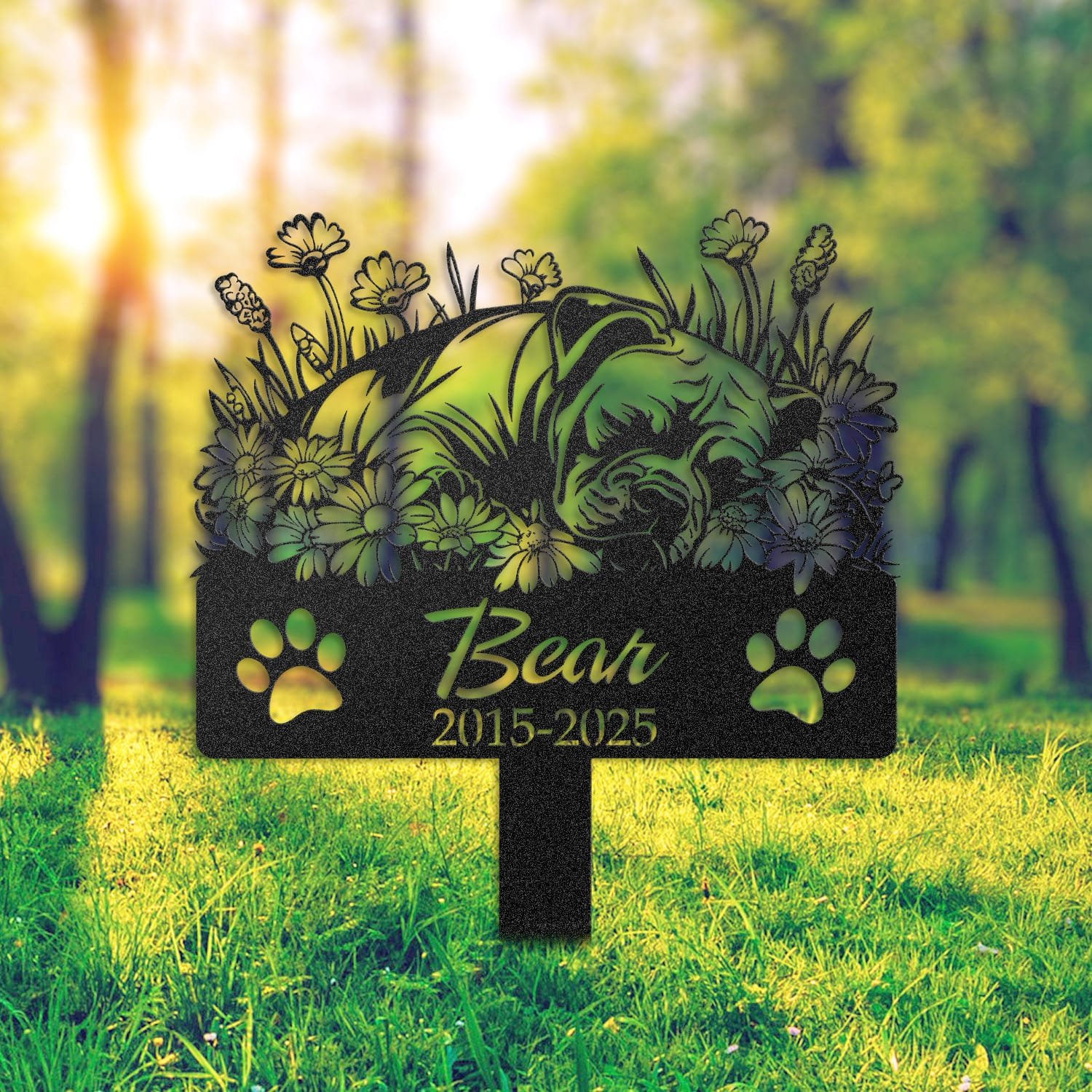 Pitbull pet grave marker staged near a home entryway, showing the finished angel wings and daisy floral design and name plate outdoors.