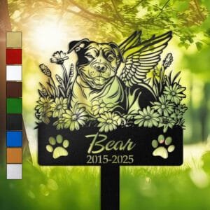 Pitbull resting in a peaceful sleeping pose within a daisy floral border on a personalized metal garden stake, with paw print cutouts at the base.