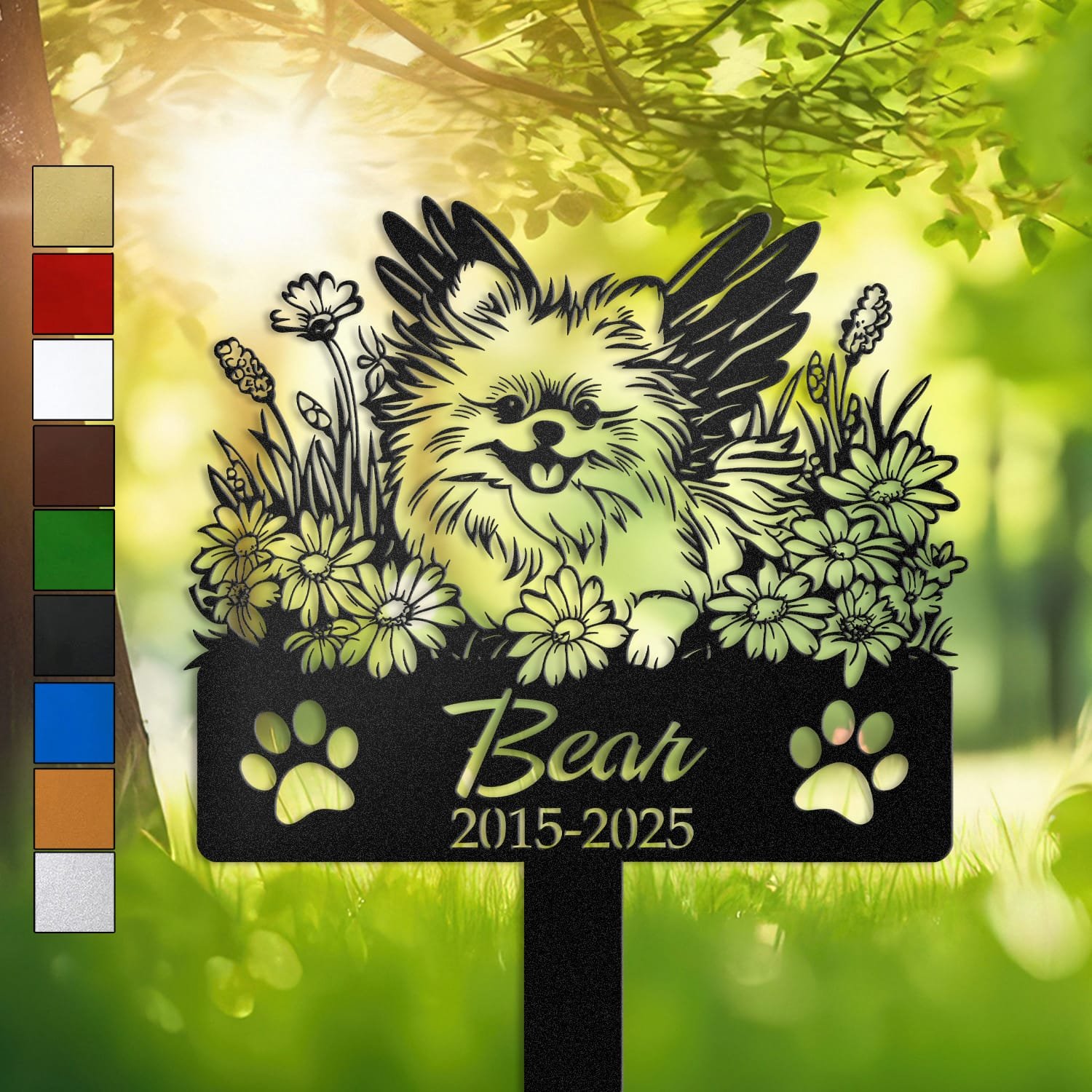 Pomeranian silhouette with angel wings surrounded by a daisy floral border on a personalized metal garden stake, with paw print cutouts at the base.