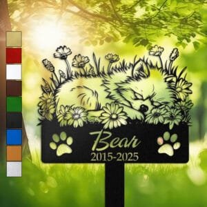Pomeranian resting in a peaceful sleeping pose within a daisy floral border on a personalized metal garden stake, with paw print cutouts at the base.