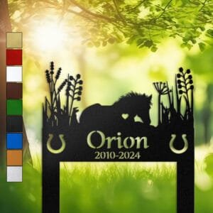 Pony silhouette in a grazing pose with a heart cutout and horseshoe cutouts, framed by wild grasses on a personalized metal garden stake.