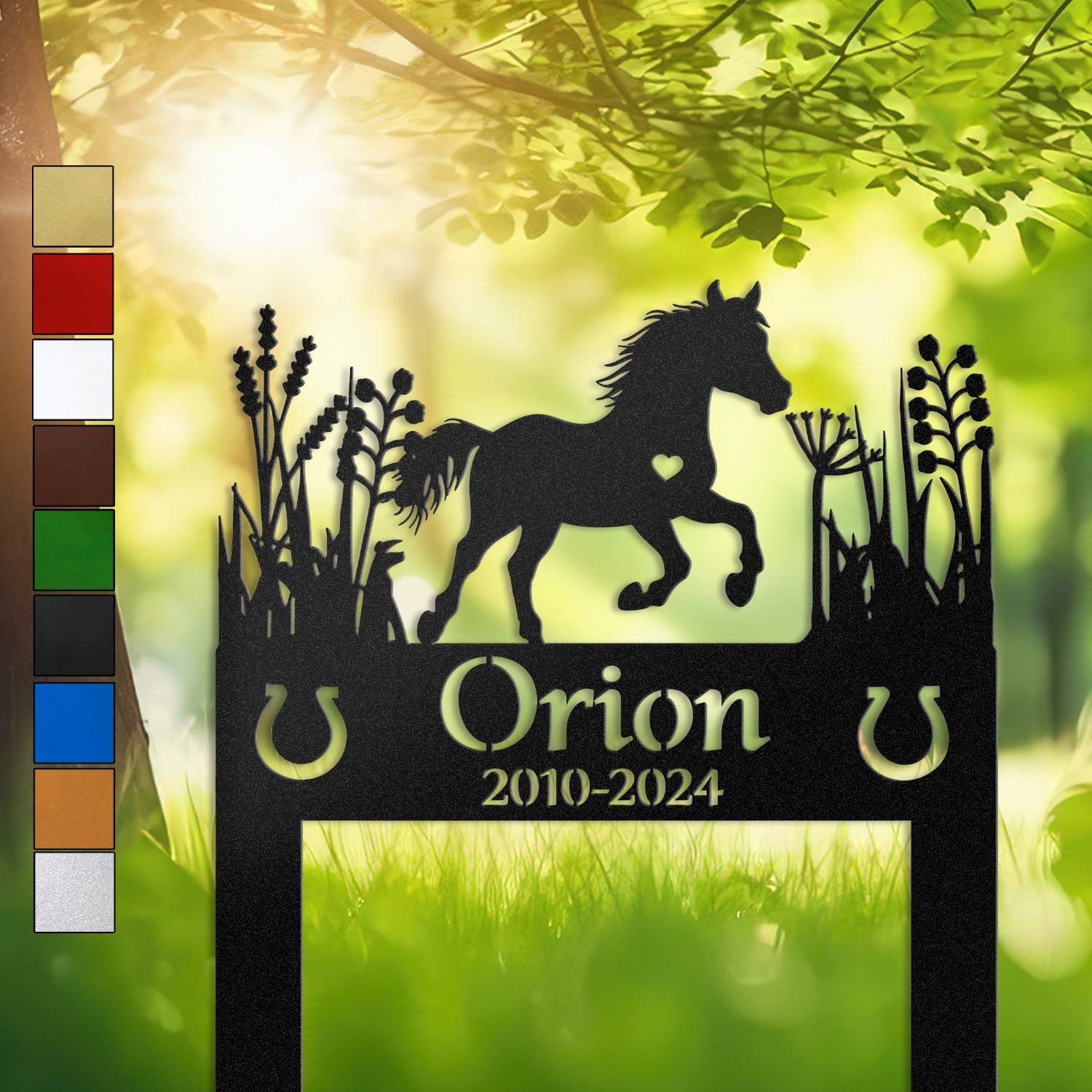 Pony silhouette in a trotting pose with a heart cutout and horseshoe cutouts, framed by wild grasses on a personalized metal garden stake.