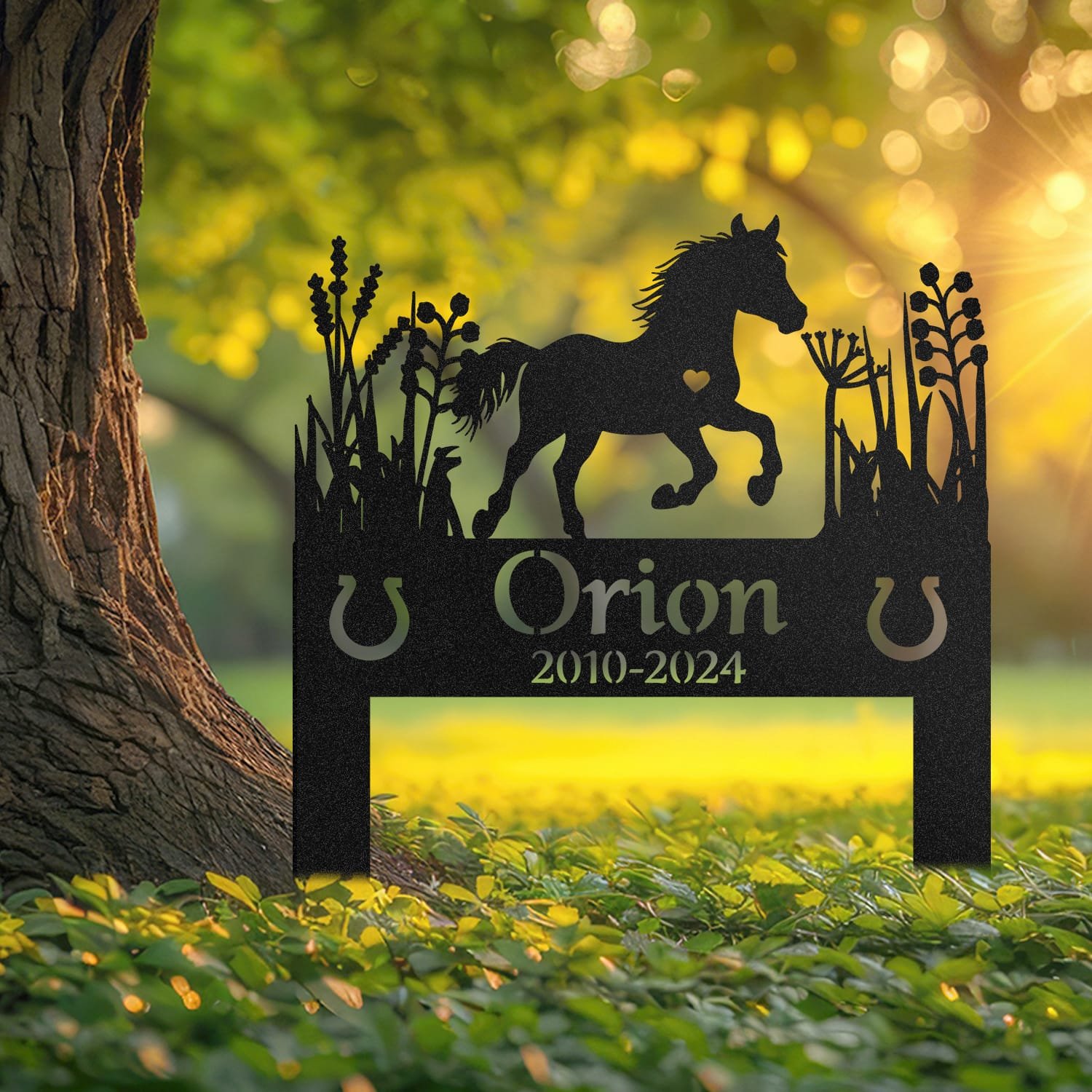 Pony pet grave marker displayed outdoors in a garden setting, showing the personalized heart-cutout pony silhouette design in place on the stake.
