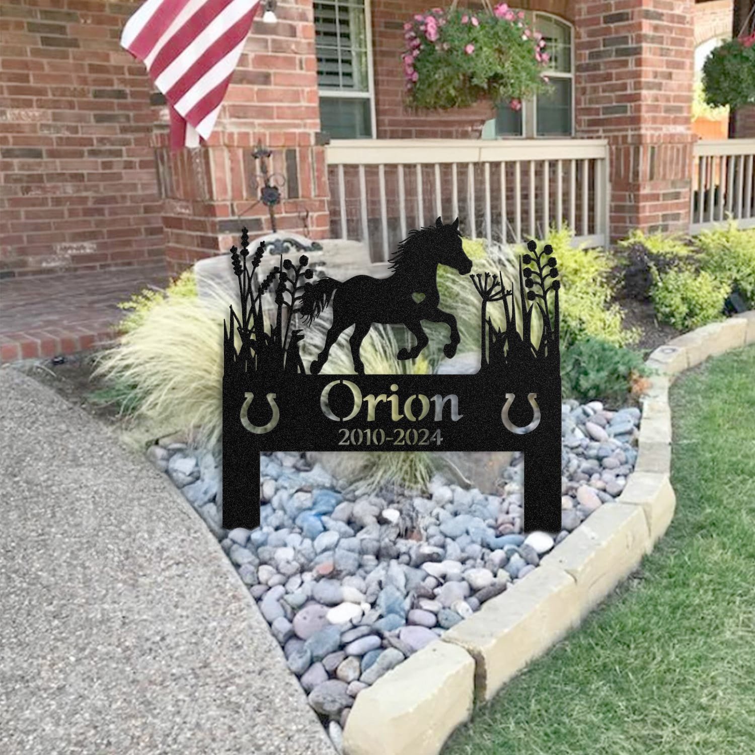 Pony pet grave marker staged near a home entryway, showing the finished heart-cutout pony silhouette design and name plate outdoors.