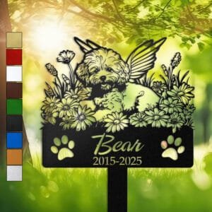Poodle silhouette with angel wings surrounded by a daisy floral border and a 'Forever Loved' engraving on a personalized metal garden stake.