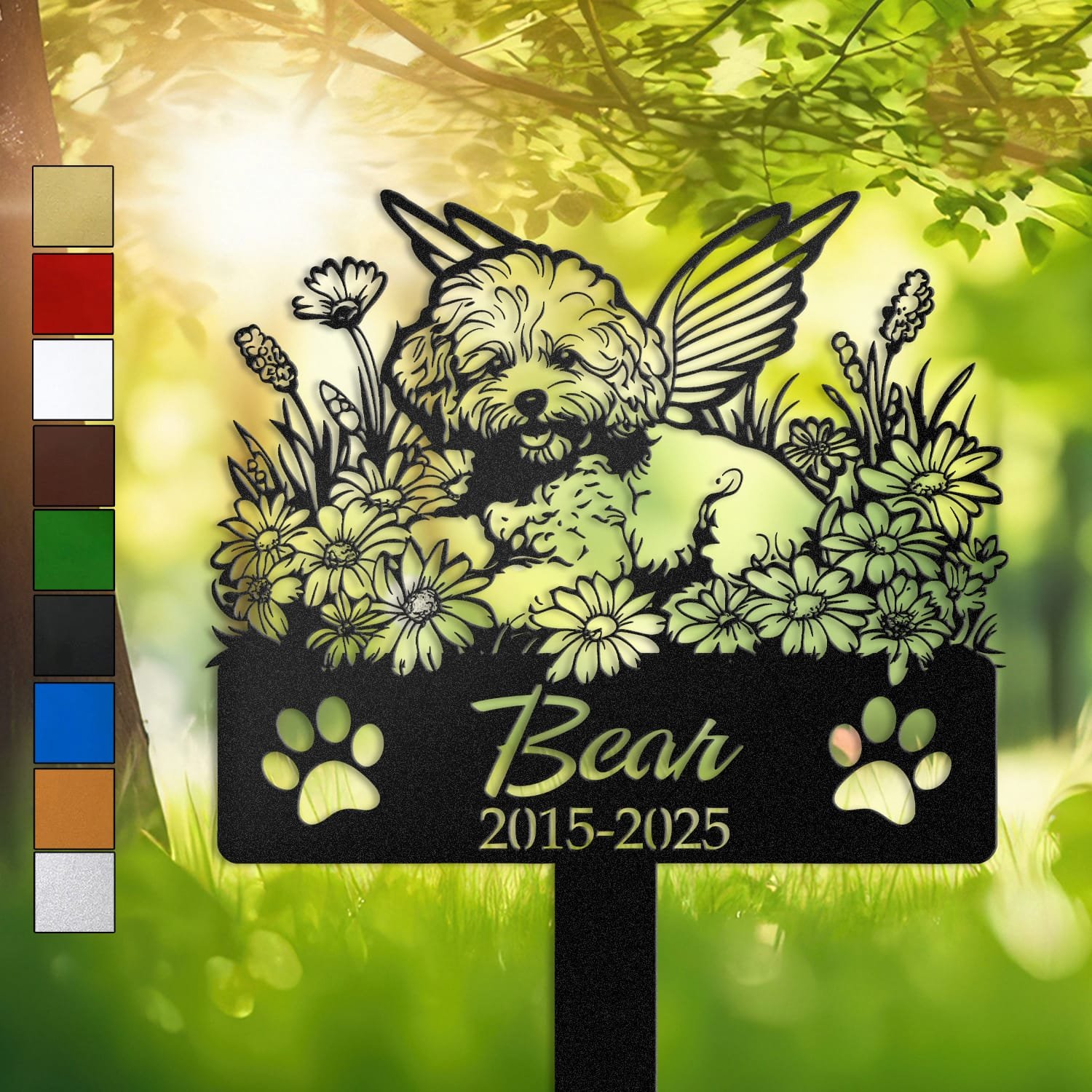 Poodle silhouette with angel wings surrounded by a daisy floral border and a 'Forever Loved' engraving on a personalized metal garden stake.