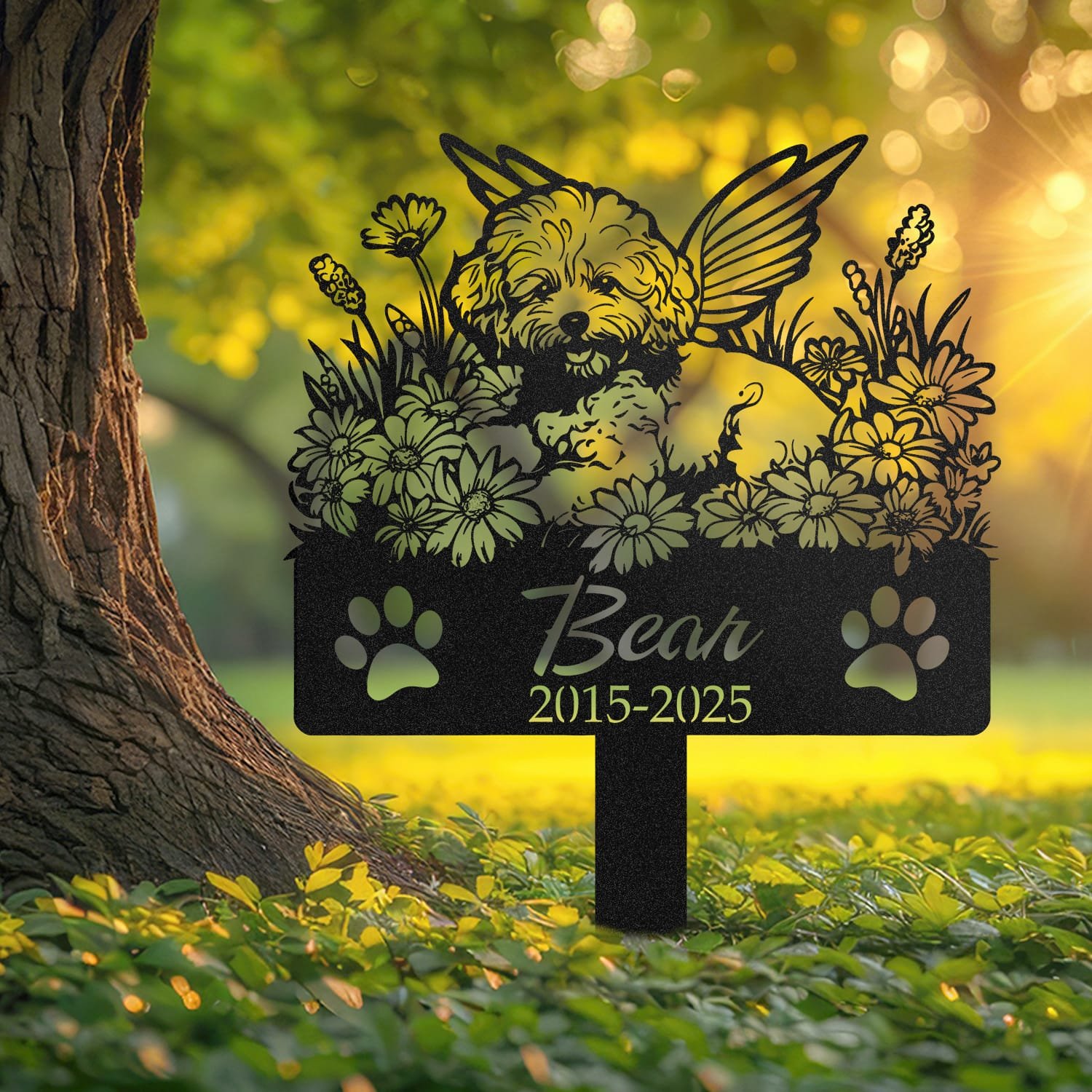 Poodle pet grave marker displayed outdoors in a garden setting, showing the personalized angel wings design with the 'Forever Loved' engraving in place on the stake.