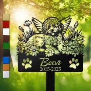 Poodle silhouette with angel wings surrounded by a daisy floral border on a personalized metal garden stake, with paw print cutouts at the base.